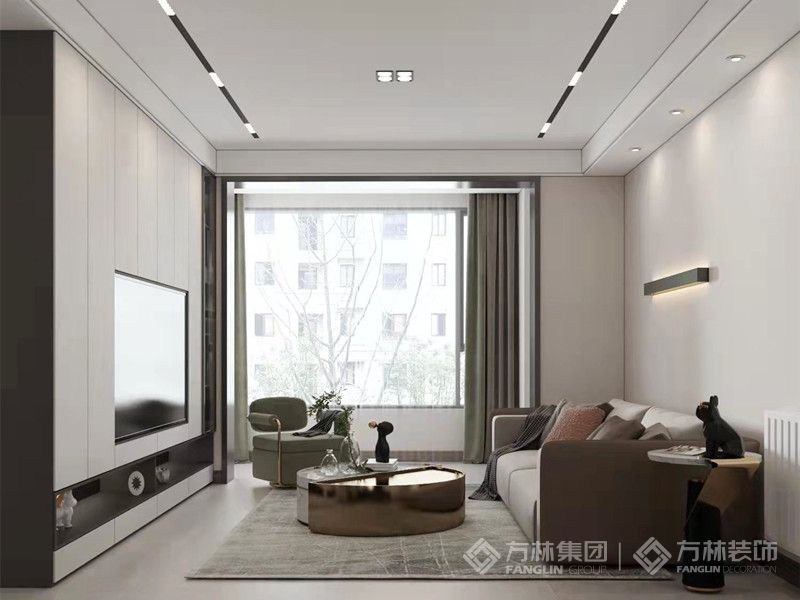 客厅奶油白面漆，深色柜体深浅深色彩层次丰富