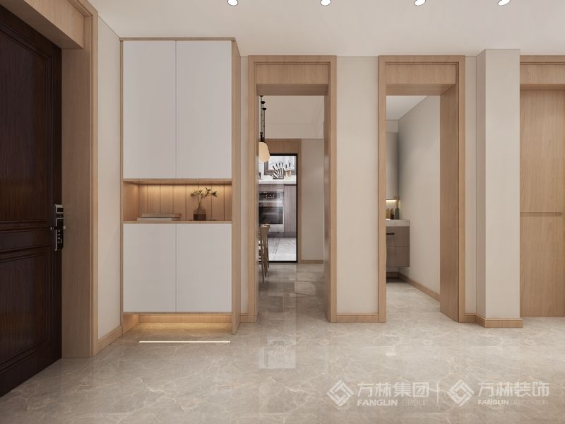 进门以餐厅的墙进行改造成悬空的鞋柜，方便入户后的使用，进门的对面有设计一组玄关柜弱化卫生间门。优化风水，提升效果.